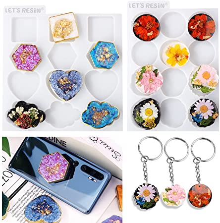 LET'S RESIN Phone Grip Resin Mold, 2Pcs Phone Grip Silicone Molds for Epoxy Resin,UV Resin,24 Cavities Badge Reel Molds for Resin,DIY Personalized Badge Reel,Resin Jewelry Keychain Pendant