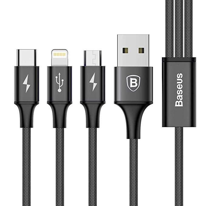 Baseus Multi Charger USB Data Cable iP Micro USB Type-C 3in1Charging Cable 3A Fast Charging Data Cables (Black)