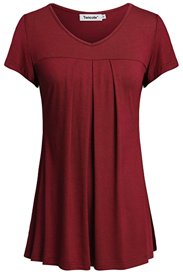 Tencole Womens Round Neck Short Sleeve Summer Tops Pleated Front Tunic Shirt