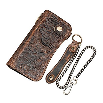 Men's Genuine Leather Long Wallet With Zipper Pocket Vintage Bifold Chain Checkbook