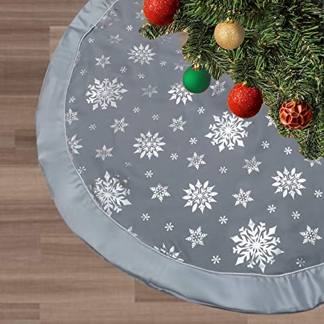 FLASH WORLD Christmas Tree Skirt,48 inches Large Xmas Tree Skirts with Snowy Pattern for Christmas Tree Decorations (Grey—Three Cotton Layer)