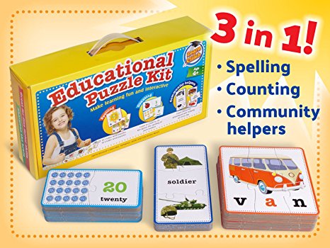 3-in-1 Educational Puzzles for Kids Toys Gift Set. 50 Pieces Puzzle for Boys/Girls Preschool Children, Toddler Ages, 3, 4, 5 Up-2 8-year-old. Learning, Counting, Spelling, Numbers, Community Helpers