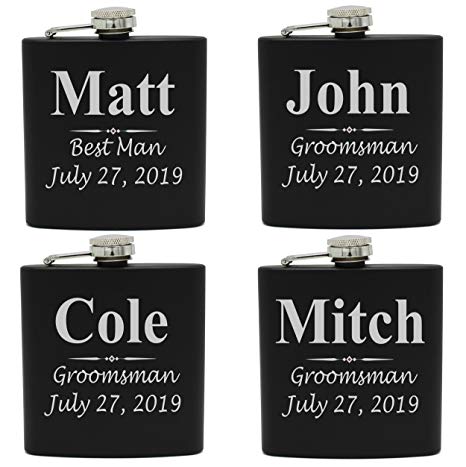 Set of 1, 2, 3, 4, 5, 6, 7, 8 Personalized Black Flask - Custom Engraved Groomsmen, Best Man, Groom Gift Flasks - 3 Lines Style (4)