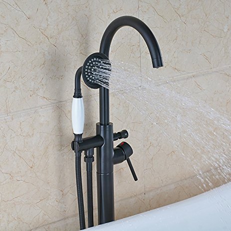 Votamuta Oil Rubbed Bronze New Floor Mounted Bathroom Tub Shower Faucets Free Standing Bathtub Shower Mixer Taps Single Lever with Hand Sprayer