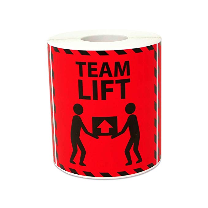 300 Labels - Team Lift Stickers for Shipping Handling Warehouse Postage Transport Heavy Warning (3 x 3 inch, Red - 1 Roll)