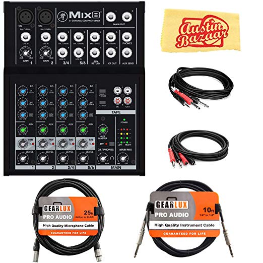 Mackie Mix8 8-Channel Compact Mixer Bundle with XLR Cable, Instrument Cable, Stereo Breakout Cable, Dual 1/4"-to-RCA Cable, and Austin Bazaar Polishing Cloth