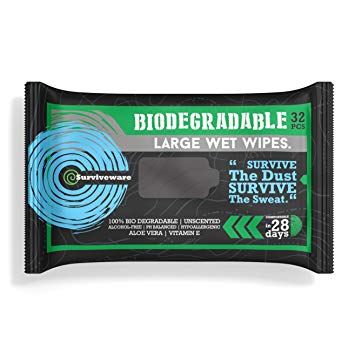 Surviveware Biodegradable Wet Wipes for No Rinse Bathing and Showers. Great for Camping, Travel, Gym, Commute and Body Cleansing, Personal Hygiene and Cleaning. Hypoallergenic & Unscented