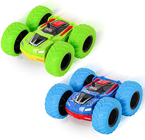 sanlinkee Pull Back Toy Cars,2 PCS Monster Inertia Truck Push and Go Cars Double-Sided Friction Powered Vehicles Min Car Toys Birthday Gifts for 3/4/5/6 Years Old Toddlers Boys Girls