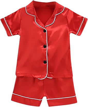 Toddler Boys Girls Short Sleeve Solid Silk 𝙿a𝗷amas 2pc Lapel Shirt Top Shorts Kids 𝗟ounge𝚠ear Outfits Clothes