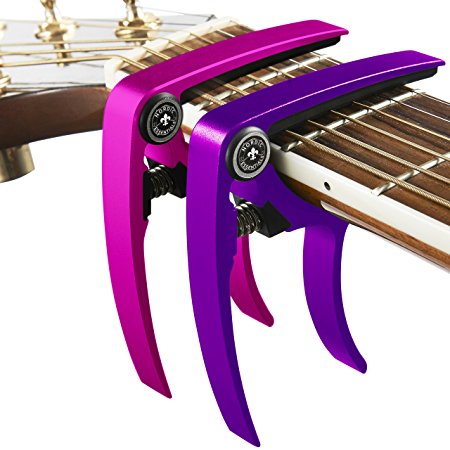 Guitar Capo (2 Pack) for Guitars, Ukulele, Banjo, Mandolin, Bass - Made of Ultra Lightweight Aluminum Metal (1.2 oz!) for 6 & 12 String Instruments - Nordic Essentials, (Pink Purple)