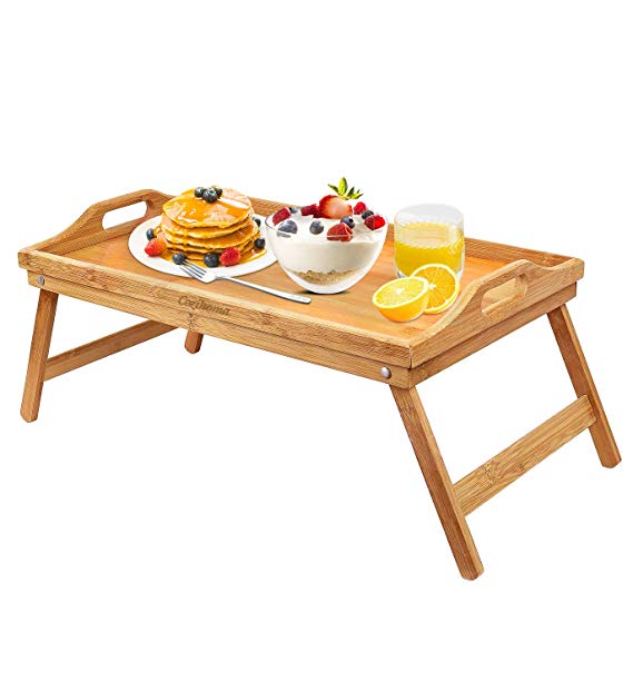 Cozihoma Breakfast Tray Bamboo Bed Tray Table with Foldable Legs Portable Laptop Tray Snack Tray for Food Serving Bed Reading TV Watching with Carrying Handles