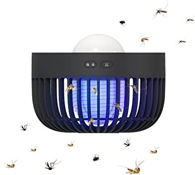 3 in 1 Outdoor Bug Zapper for Camping with LED Lantern, USB Rechargeable Mosquito Lamp Built-in 2000 mAh Battery, Cordless Portable Mosquito Zapper with Hook, Hangable - Black