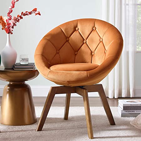 Volans Mid Century Modern Velvet Tufted Round Back Upholstered Swivel Accent Chair Orange with Wood Legs Vanity Chair, Home Office Desk Chair for Living Room Bedroom Study