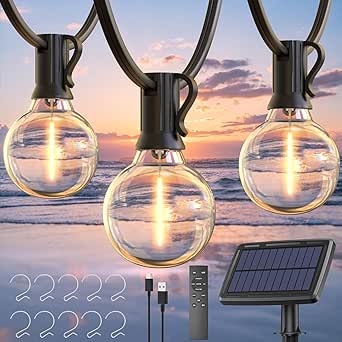 Quntis 56ft 25 2Bulb Solar String Lights Outdoor with Remote, 4 Flash Mode &Dimmable Solar Lights Outdoor with Type-C Power &25 Hook, Waterproof Outdoor Solar Lamp for Patio Backyard Gazebo,Warm White