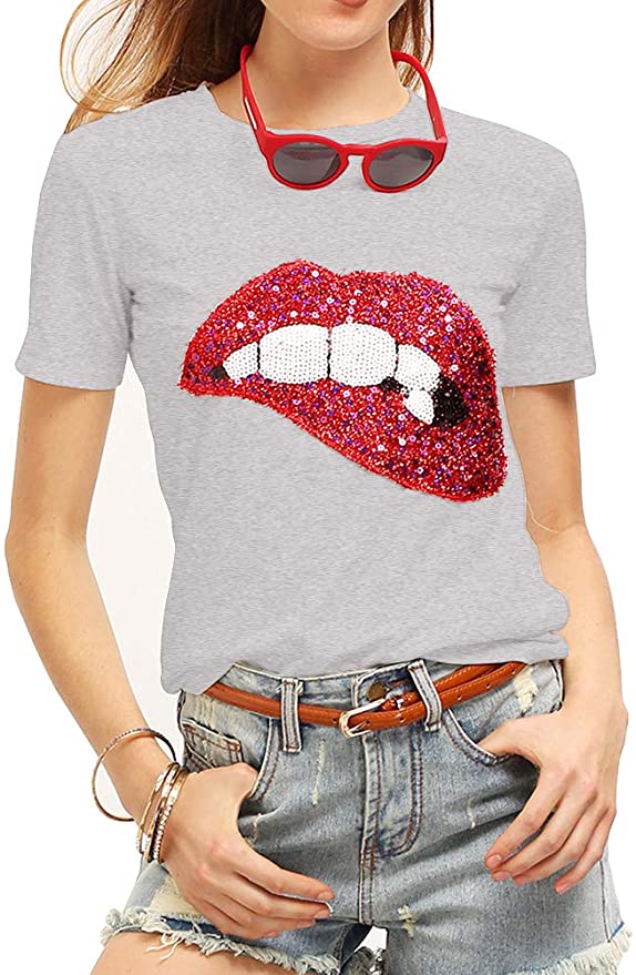 Women's Sequined Sparkely Glittery Lip Print T Shirt Cute Embroidery Teen Girls Tops