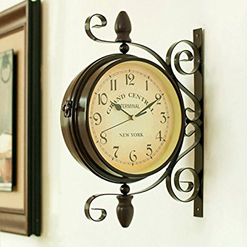 wooch Wrought Iron Antique-Look Brown Round Wall Hanging Double Sided Two Faces Retro Station Clock Round Chandelier Wall Hanging Clock with Scroll Wall Side Mount Home Décor Wall Clock 8-inch