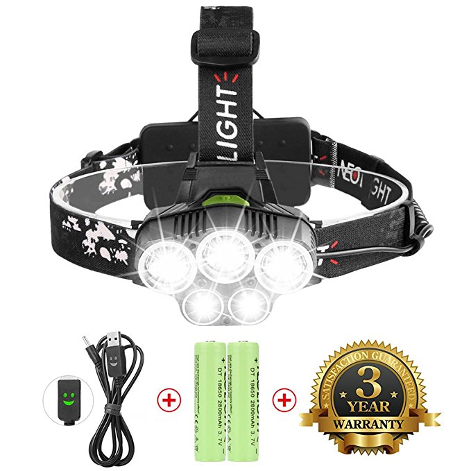 Rechargeable Headlamp, Super Bright 6000 Lumen, 6 Modes LED Headlight, Waterproof, Portable Hardhat Head Lamp, for Cycling, Running, Dog Walking, Camping, Hiking,Fishing, Night Reading and DIY Works