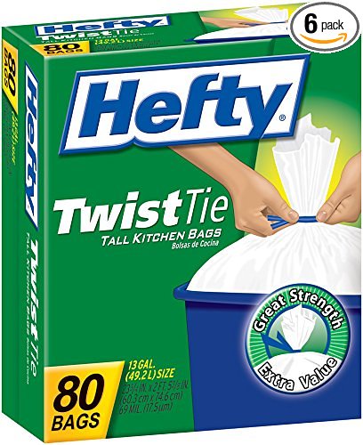 Hefty Twist Tie Tall Kitchen Trash Bags (13 Gallon, 80 Count, Pack of 6)