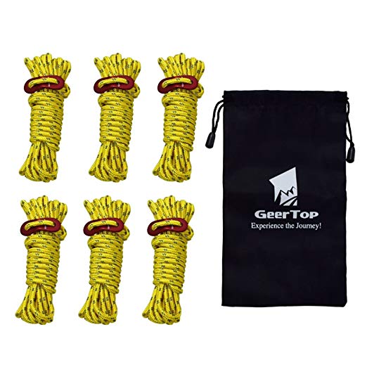 Geertop 6 Pack 4mm Reflective Tent Guide Rope Lightweight Guy Line Cord with Aluminum Adjuster Guyline Tent Cord Tensioner for Camping Hiking Backpacking - Essential Camp Accessories 13 Feet