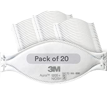 3M Aura Particulate Respirator 9205 , N95, Pack of 20 Disposable Respirators, Individually Wrapped, 3 Panel Flat Fold Design Allows for Facial Movements, Comfortable, NIOSH Approved