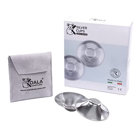 Koala Babycare Silver Nursing Cups Made in Italy – Protect and Soothe Sore and Cracked Nipples While Breastfeeding - Nursing Pads in 999 Silver - Nipple Shields for Nursing Newborn