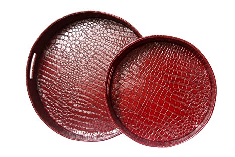 WOOSAL Round Alligator Leather Serving Tray with Handles,Set of 2 (Red)