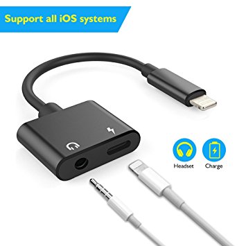 Lightning to 3.5 mm Headphone Jack Adapter, 2 in 1 iPhone Adapter Audio Output & Charger, iPhone Splitter Cable for iPhone 7/8/X/7 plus/8 plus, Supports iOS 10.3/11 or Later (Black-New)