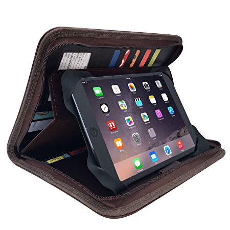 MSP Small Zippered Dark Brown Padfolio | Organizer with 8" Silicone Tablet Sleeve, 5 Card & Photo Slots in Rich PU Leather (105-Brown) (Standard Brown)