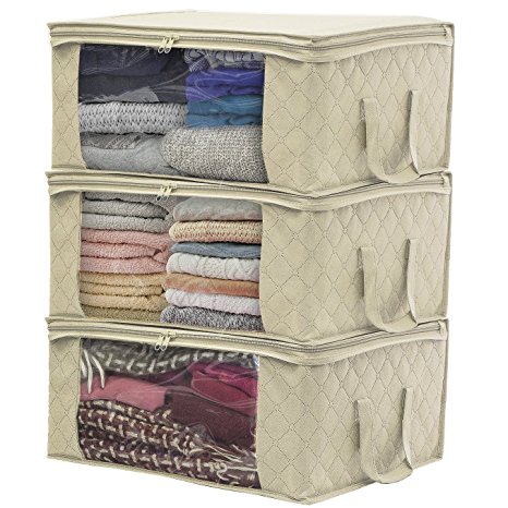 Sorbus Foldable Storage Bag Organizers, Large Clear Window & Carry Handles, Great for Clothes, Blankets, Closets, Bedrooms, and more (3 Pack, Beige)