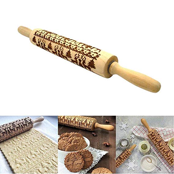 leegoal Christmas Embossed Rolling Pin, Wood Embossing Rolling Pin Engraved Carved Kitchen Tool with Xmas Tree, Elk, Snowflakes Pattern for Cookies, Fondant, Cake, Dough, Biscuit, Baking, 13.8''/35cm