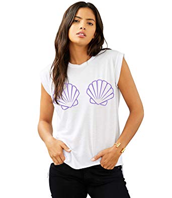 Superluxe Clothing Womens Little Mermaid Shells Flowy Rolled Cuff Muscle T-Shirt