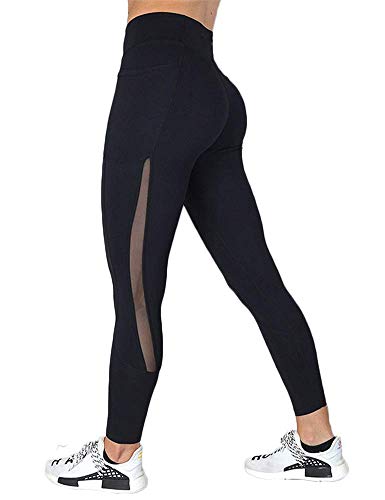 Hioinieiy Women’s High Waist Tummy Control Sheer Mesh Workout Running Sport Gym Yoga Leggings Pants with Pockets