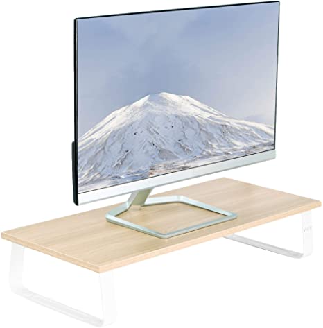 VIVO 24 inch Monitor Riser, Wood and Steel Desktop Stand, Screen, Keyboard, Laptop, Small TV, Ergonomic Desk and Tabletop Organizer, Light Wood and White, STAND-V000WM