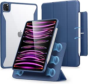 ESR for iPad Pro 12.9 Inch Case (2022/2021), iPad Pro 12.9 Case 6th/5th Generation with Pencil Holder, Detachable Magnetic Cover, Vertical Stand, Auto Wake/Sleep, Rebound 360 Series, Navy Blue