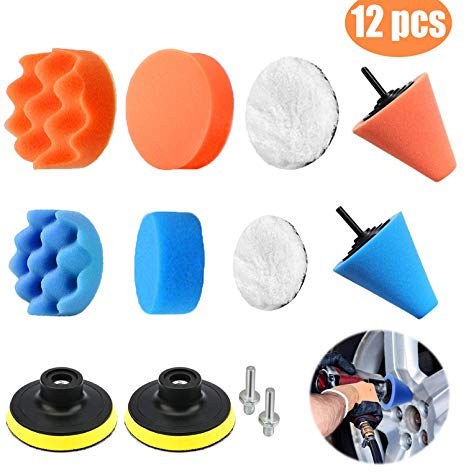 Car Foam Drill Polishing Pad Kit 12Pcs Drill Buffing Sponge Pads Kit 3inch 5 inch for Car Sanding,Polishing, Waxing,Sealing Glaze （8 Polishing Pads  2 M10 Drill Adapters  2 Suction Cups）