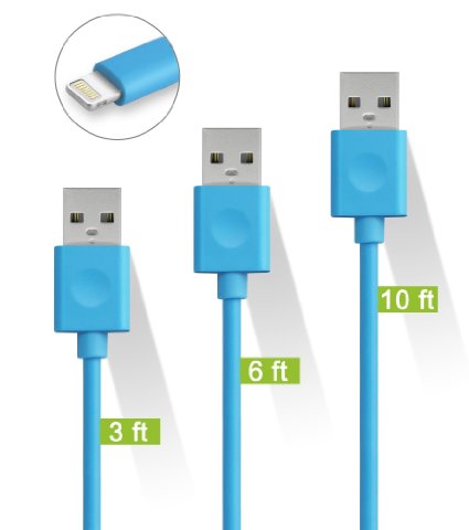 3pcs Lightning to USB Cable, 3ft,6ft,10ft charging and syncing cable for iPhone SE, iPhone 6s, 6s Plus, 6Plus, 6,5s, 5c, 5, iPad Mini, Air, iPad 5, iPod,Blue