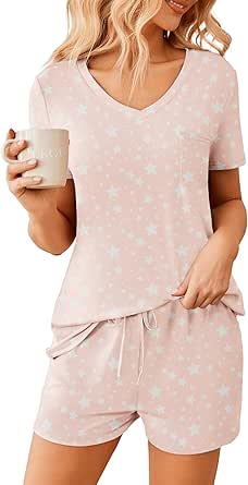 Ekouaer Women Pajama Sets 2 Piece Lounge Sets Short Sleeve Casual V Neck Summer Sleepwear PJS