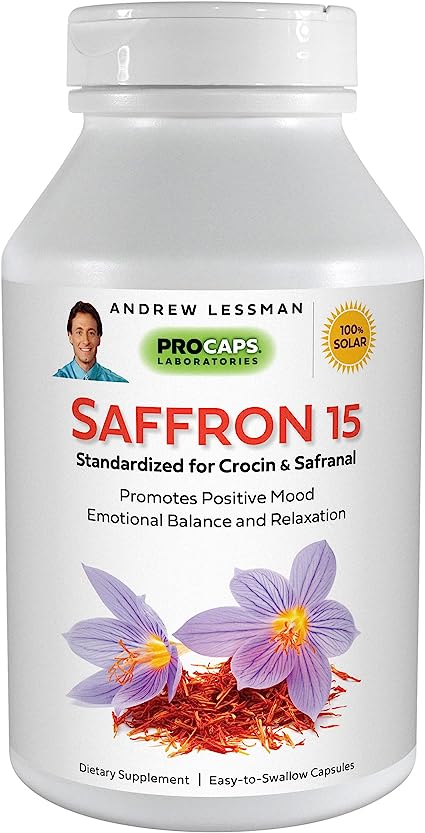 ANDREW LESSMAN Saffron 15mg - 60 Capsules - Standardized Extract. Promotes Positive Mood and Emotional Balance. Relaxation and Quality Sleep. No Additives. Small Easy to Swallow Capsules.