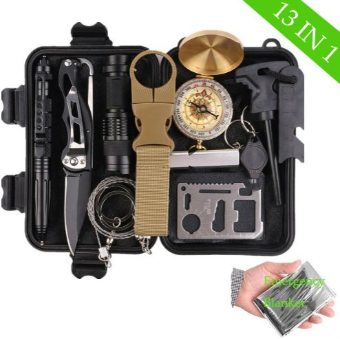 Survival Gear Kit Outdoor 13 IN 1 Emergency Blanket SOS Camping Hunting, Car, Multi Safety Tools, Any Scenario Unlimited Use, Flashlight, Compass, Water Bottle Clip, Whistle