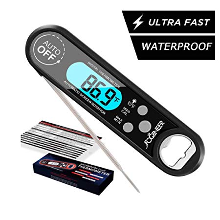 Digital Meat Thermometer- Best Waterproof Ambidextrous Thermometer with Backlight & Calibration Digital Food Thermometer for Kitchen, Outdoor Cooking, BBQ, and Grill (Black)