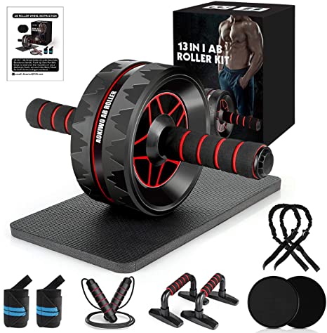 MIBOTE 13-in-1 Ab Roller Wheel Kit with Knee Pad, Resistance Bands, Push-Up Bar, Jump Rope, Core Strength & Abdominal Home Gym Abs Workout Equipment for Men/Women