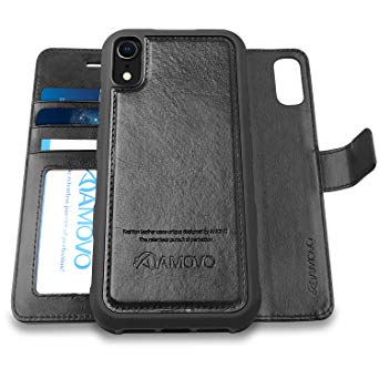 AMOVO Case for iPhone XR [2 in 1] iPhone XR Wallet Case [Detachable Folio] [Vegan Leather] [Card Slot] [Kickstand] iPhone XR (6.1’’) Flip Case Cover with Gift Box Package (6.1'' Black)