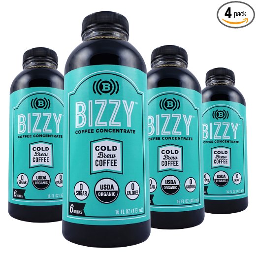 Bizzy Cold Brew Coffee Concentrate - Certified USDA Organic - 24 Servings, (4) 16oz Bottles - Made in USA. Cold Press, Iced Coffee, and Brewed Coffee in One Convenient Form