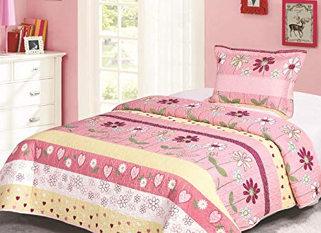 Golden Linens Twin Size Kids Bedspread Quilts Throw Blanket for Teens Girls Bed Printed Bedding Coverlet Floral Multi color Light Pink, Yellow, Hot Pink & Sage # Twin 16-02