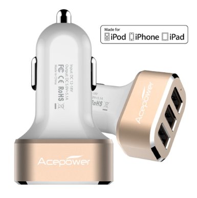 Certified by Apple ACEPower Premium 3 USB 26W 51A Aluminum Panel Compact Designed USB Car Charger for iPhone 6 6plus 5 5S 5C 4 4SiPad 4 3 2iPad miniiPad air Battery Power Supply for All Apple Device Galaxy Cell Phones Tablet Android Devices WhiteGold