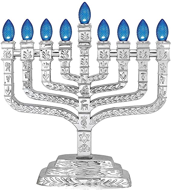 Metallic Silver L.E.D. Electric Hanukkah Menorah - Knesset Style with 12 Tribes - Powered by USB Cord Included