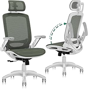 GABRYLLY Ergonomic Office Chair, High Back Home Desk Chair with Headrest, Flip-Up Arms, 90-120° Tilt Lock and Wide Cushion, 400LBS Mesh Chairs for Man Woman, White Task Chair(Olive Green,GY01WOG)