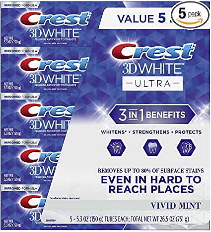 Crest 3D White Ultra Whitening Toothpaste, Vivid Mint, (5.3 Ounce, 5 Pack)