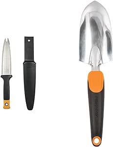 Fiskars 340130-1001 Garden Hori Knife with Sheath, Black & Ergo Gardening Hand Trowel - Ergonomic Handle Design with Hang Hole - Heavy Duty Garden Tool for Digging, Garden Edging, and Weed Removal