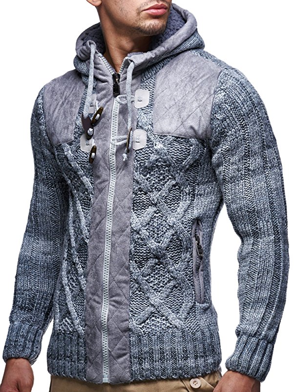 LEIF NELSON LN20525 Men's Knit Zip-up Jacket with Geometric Patterns and Faux Leather Accents